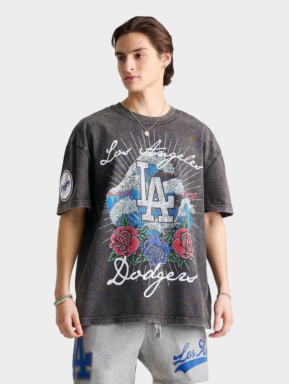 PRO STANDARD Los Angeles Dodgers Waves Roses Tee Shirt Black Faded Shirt SZ S